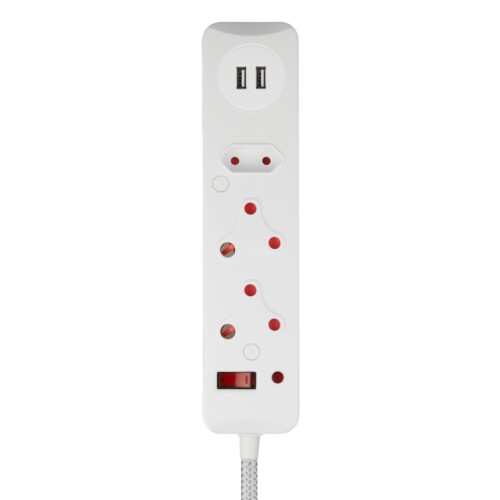 SWITCHED 4 WAY MEDIUM SURGE PROTECTED MULTIPLUG 0.5M BRAIDED CORD WHITE